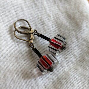 Artisan Handcrafted Lucite Cylinder Dangle Earrings Red Black Stripe Retro